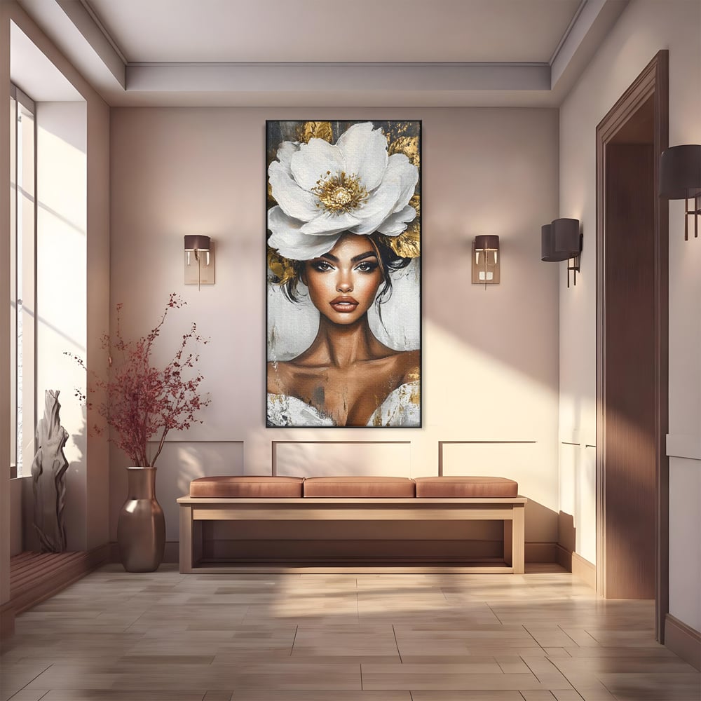 Tablou canvas cu tablou canvas cu portret de femeie si floare, in rama de aluminiu negru